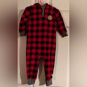 Mini Heroes, red Buffalo plaid, romper, hooded romper, size 24 months, Sherpa